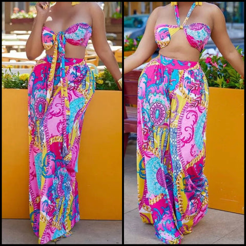 Women Sexy Strapless Multicolored Print Two Piece Wide Leg Pant Set