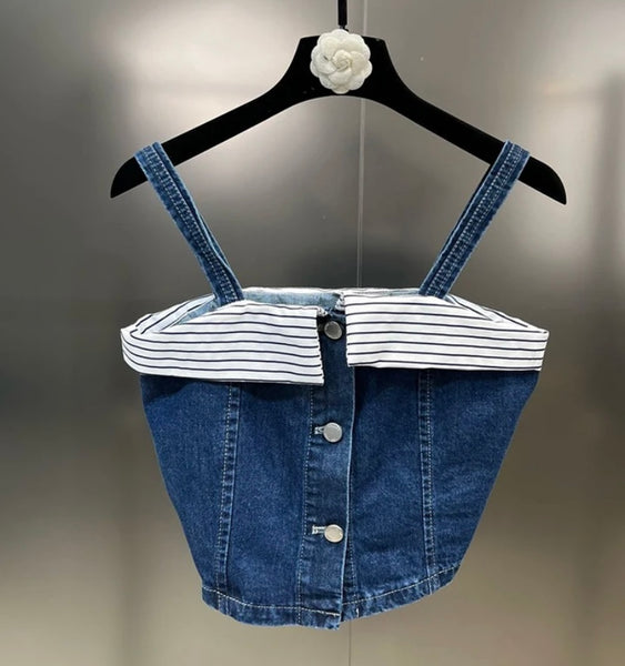 Women Sleeveless Button Up Crop Two Piece Denim Maxi Skirt Set