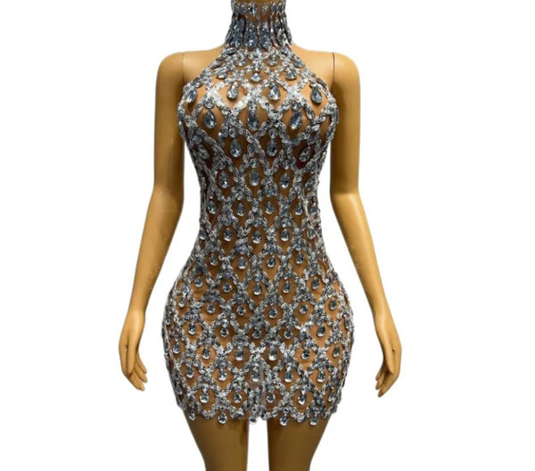 Women Sexy Sleeveless Beaded Crystal Dress