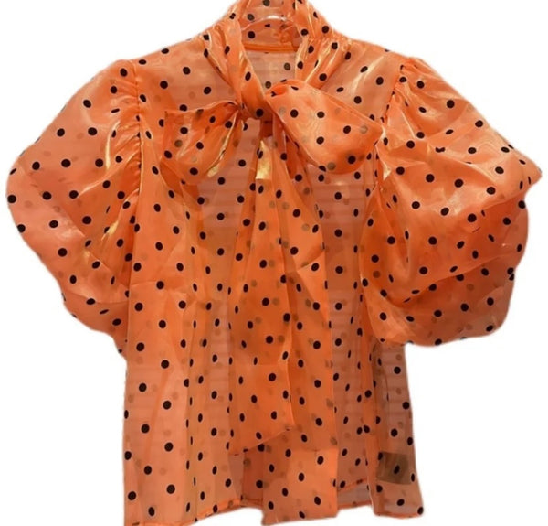 Women Short Sleeve Polka Dot Mesh Fashion Top