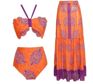 Women Sexy Color Patchwork Printed Halter Bikini Cover Up Set
