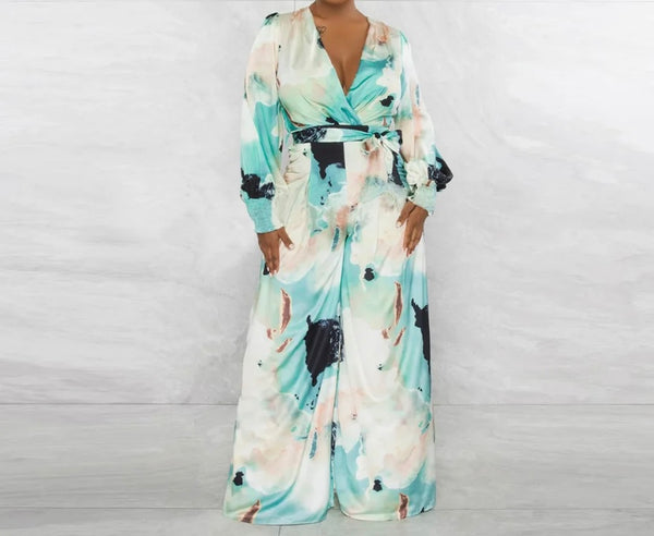 Women Printed Full Sleeve Belted Jumpsuit