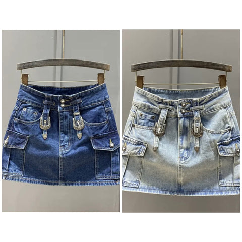 Women Buckled Pocket Fashion Denim Skirt