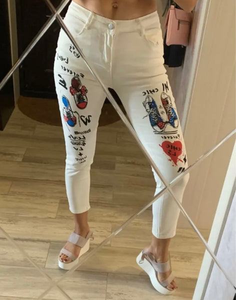 Women White Printed Fashion Denim Pants