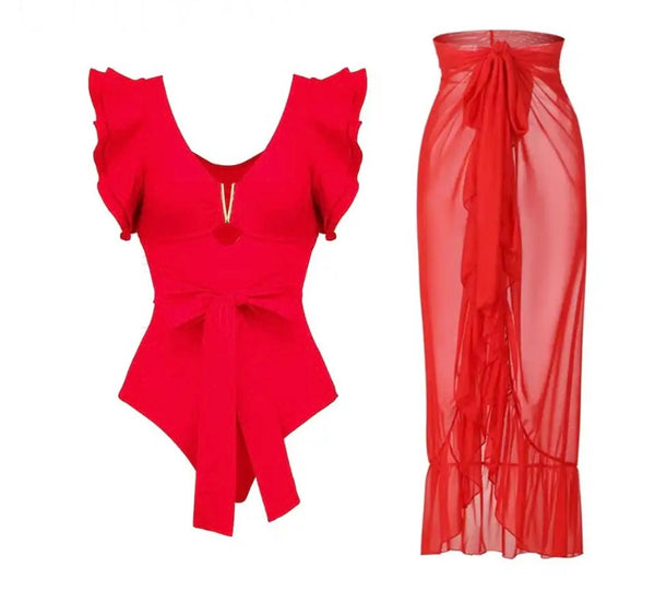 Women Sexy Red Ruffled Swimsuit Mesh Cover Up Set