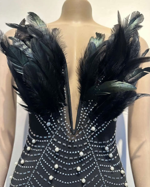 Women Feather Beaded Bling Mesh Strapless Dress