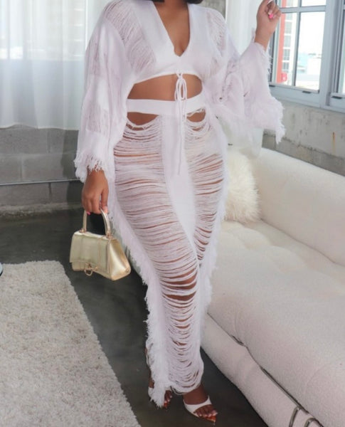 Women Sexy Full Sleeve Crop Two Piece Ripped Fringe Skirt Set
