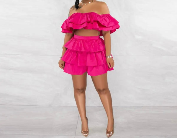 Women Sexy Off The Shoulder Ruffled Two Piece Skirt Set