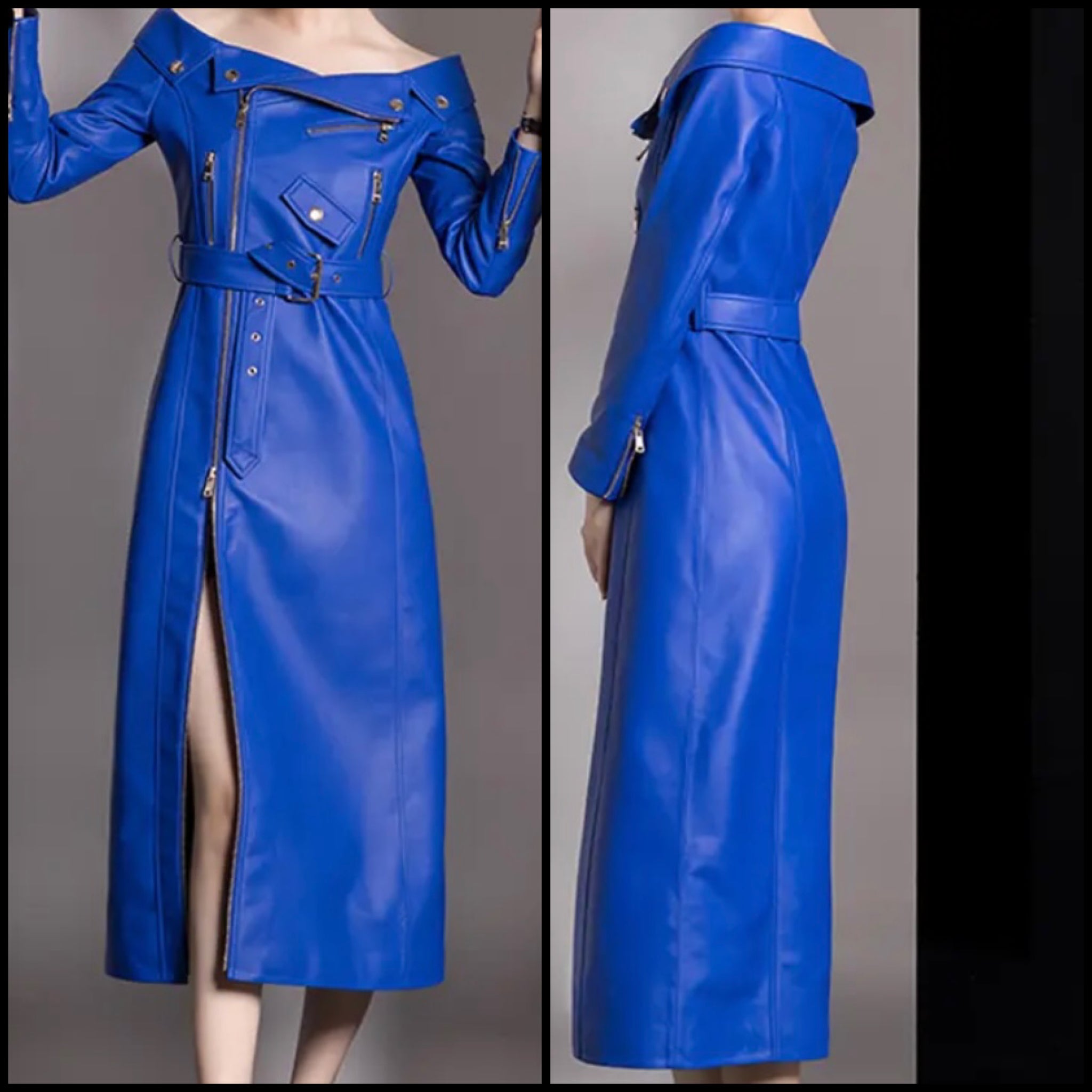 Women Sexy Blue Leather Off The Shoulder Zipper Maxi Dress