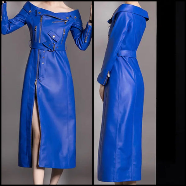Women Sexy Blue Leather Off The Shoulder Zipper Maxi Dress
