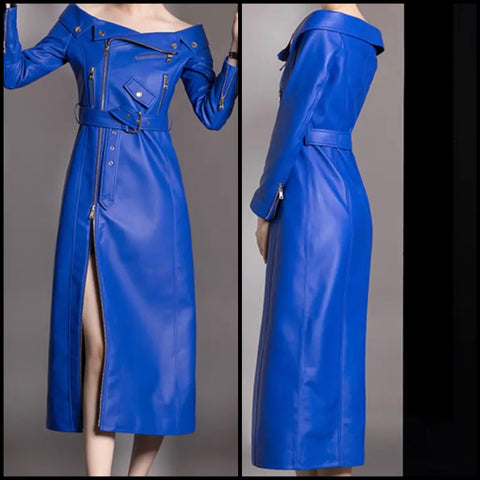 Women Sexy Blue Leather Off The Shoulder Zipper Maxi Dress