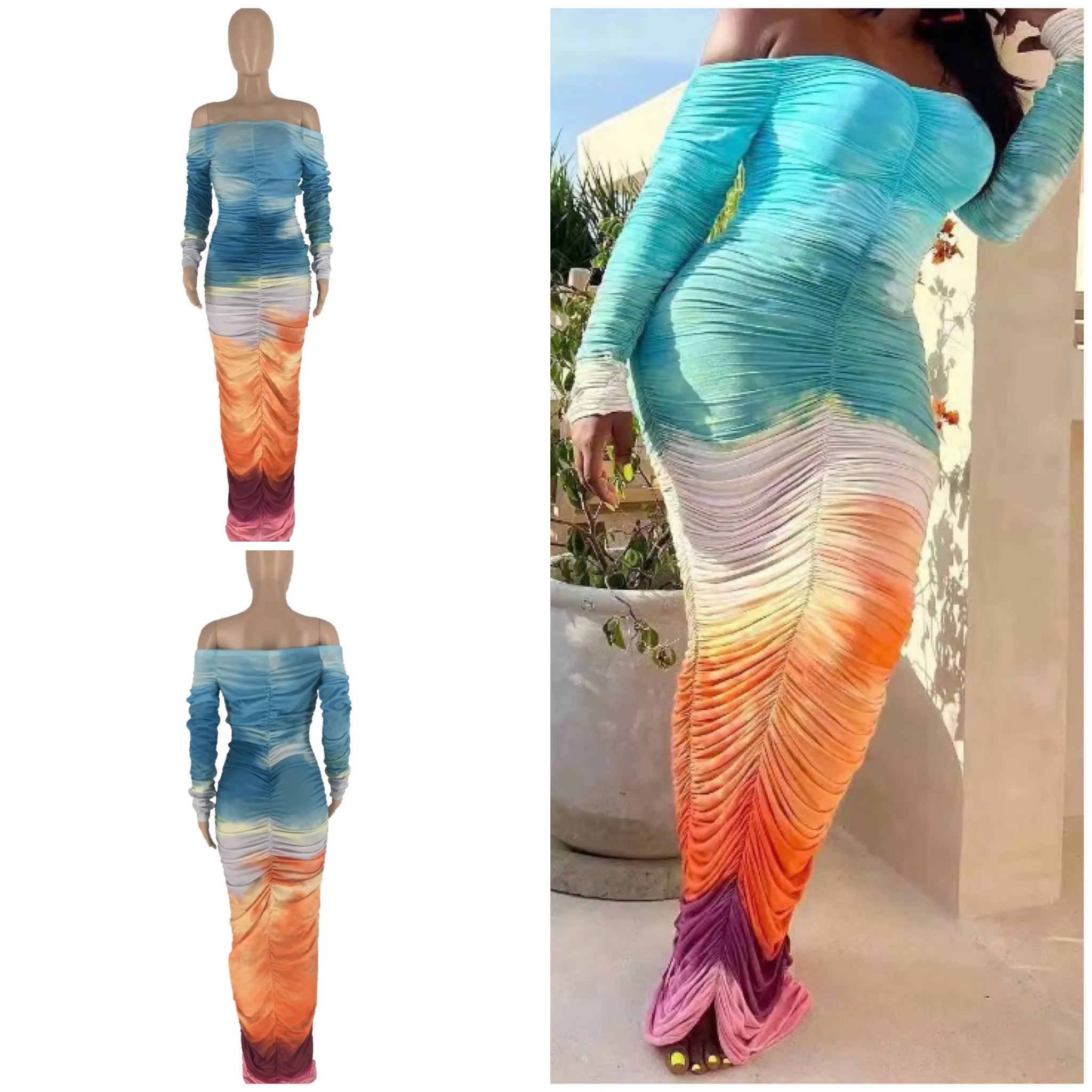 Women Sexy Off The Shoulder Multicolored Full Sleeve Ruched Maxi Dress