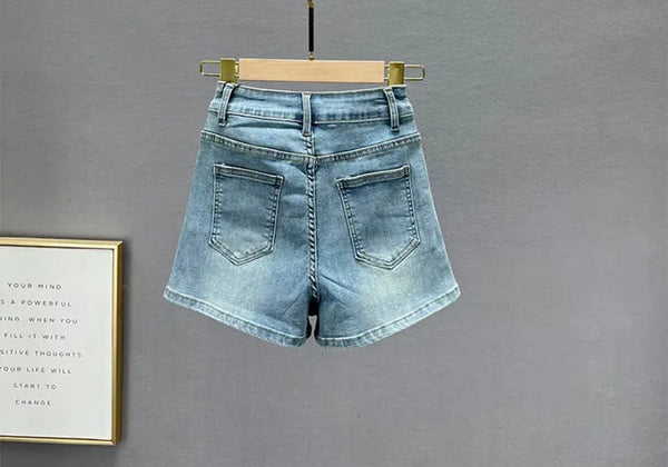 Women Fashion Denim Rhinestone Patchwork Shorts