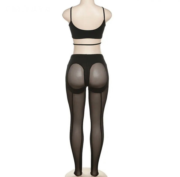 Women Black Sexy Sleeveless Feet In Two Piece Mesh Pant Set