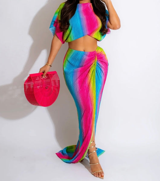 Women Sexy Short Sleeve Rainbow Two Piece Maxi Skirt Set