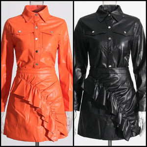 Women Button Up Fashion Full Sleeve PU Ruffled Two Piece Skirt Set