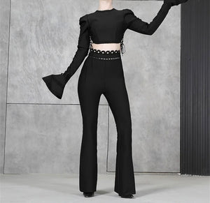 Women Sexy Full Flare Sleeve Lace Patchwork Lace Up Two Piece Pant Set