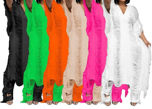 Women Fashion Ripped Short Sleeve Maxi Top Two Piece Pant Set