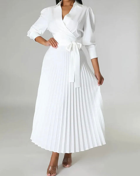 Women Sexy Solid Color Tie Up Pleated Maxi Dress