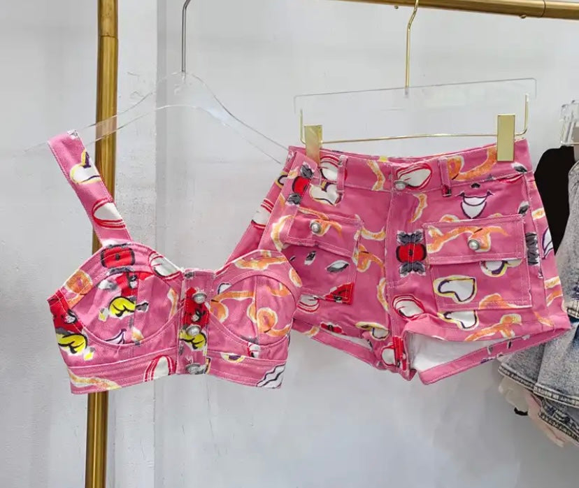 Women Pink Printed Sexy Fashion Sleeveless Crop Two Piece Short Set