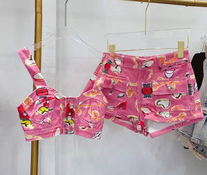 Women Pink Printed Sexy Fashion Sleeveless Crop Two Piece Short Set