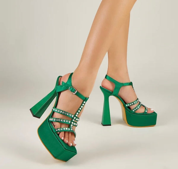 Women Square Toe Platform Rhinestone Ankle Strap Sandals