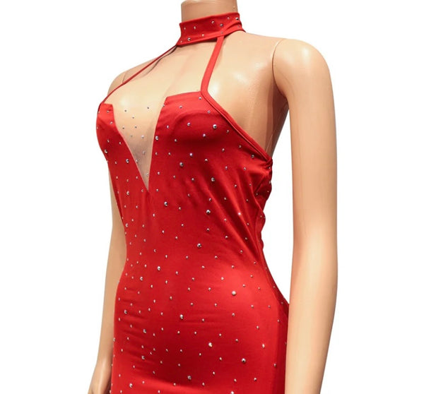 Women Sexy Sleeveless Bling Mesh Patchwork Choker Dress