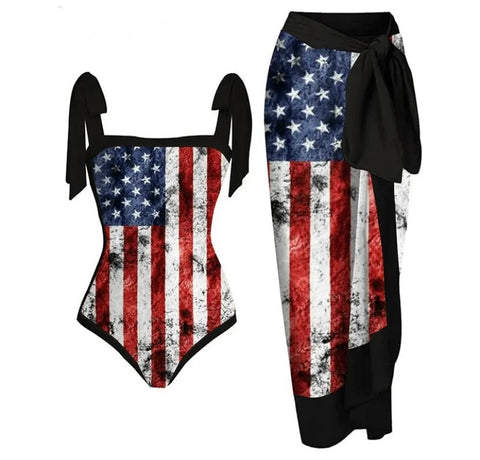 Women Sexy Fashion Flag Print Swimsuit Cover Up Set