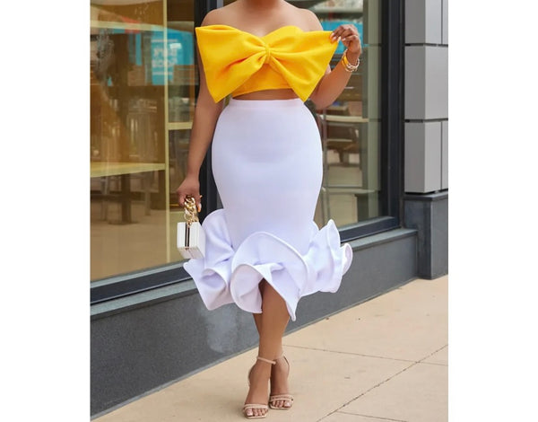 Women Sexy Bow Crop Two Piece Ruffled Skirt Set