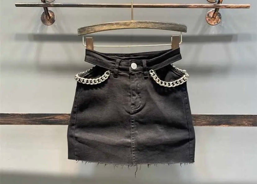 Women Fashion Chain Cut Out Denim Ripped Skirt