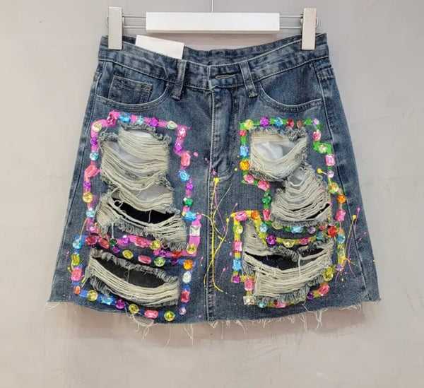 Women Fashion Ripped Gem Denim Skirt