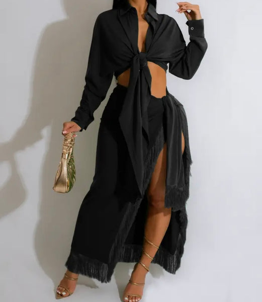 Women Fashion Full Sleeve Fringe Two Piece Maxi Skirt Set