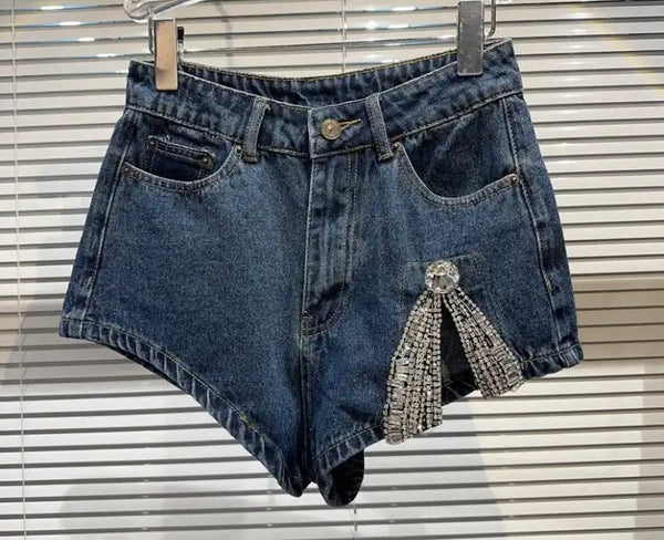 Women Fashion Rhinestone Patchwork Denim Mini Shorts