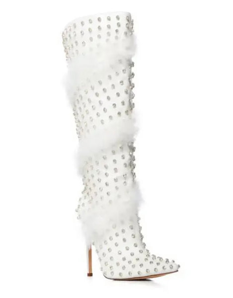 Women Bling Faux Fur Pointed Toe Knee High Boots