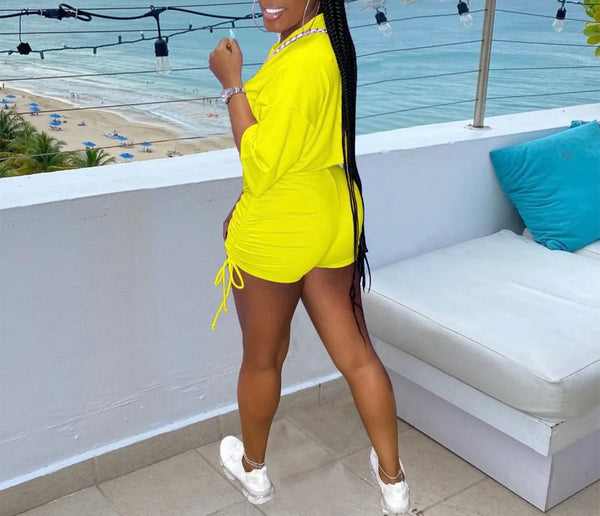 Women Short Sleeve Tie Up Drawstring Two Piece Short Set