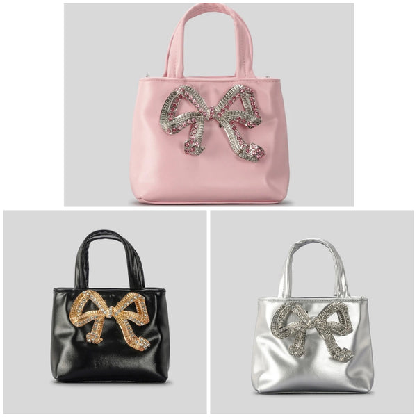 Women Fashion Faux Leather Bling Bow Handbag Purse