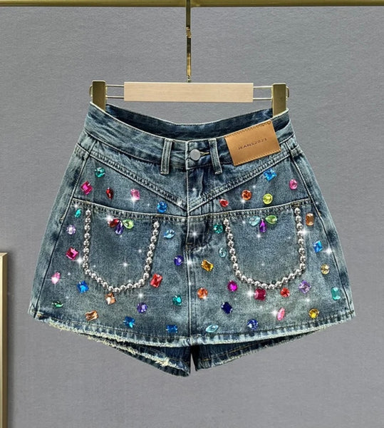 Women Fashion Rivet Gem Denim Wrap Shorts
