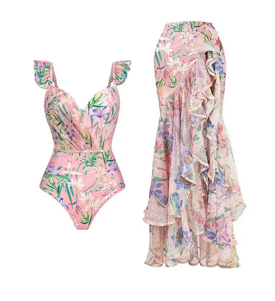 Women Sexy Pink Floral Swimsuit Ruffled Skirt Cover Up Set