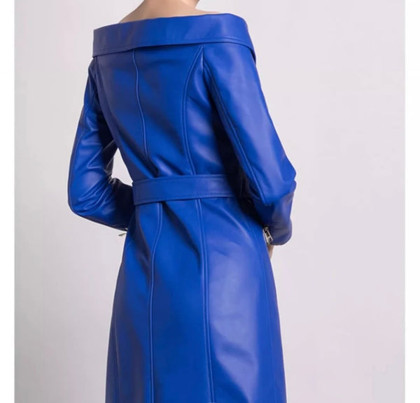 Women Sexy Blue Leather Off The Shoulder Zipper Maxi Dress