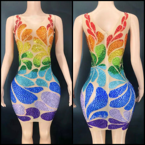 Women Sexy Sleeveless Mesh Colorful Beaded Dress