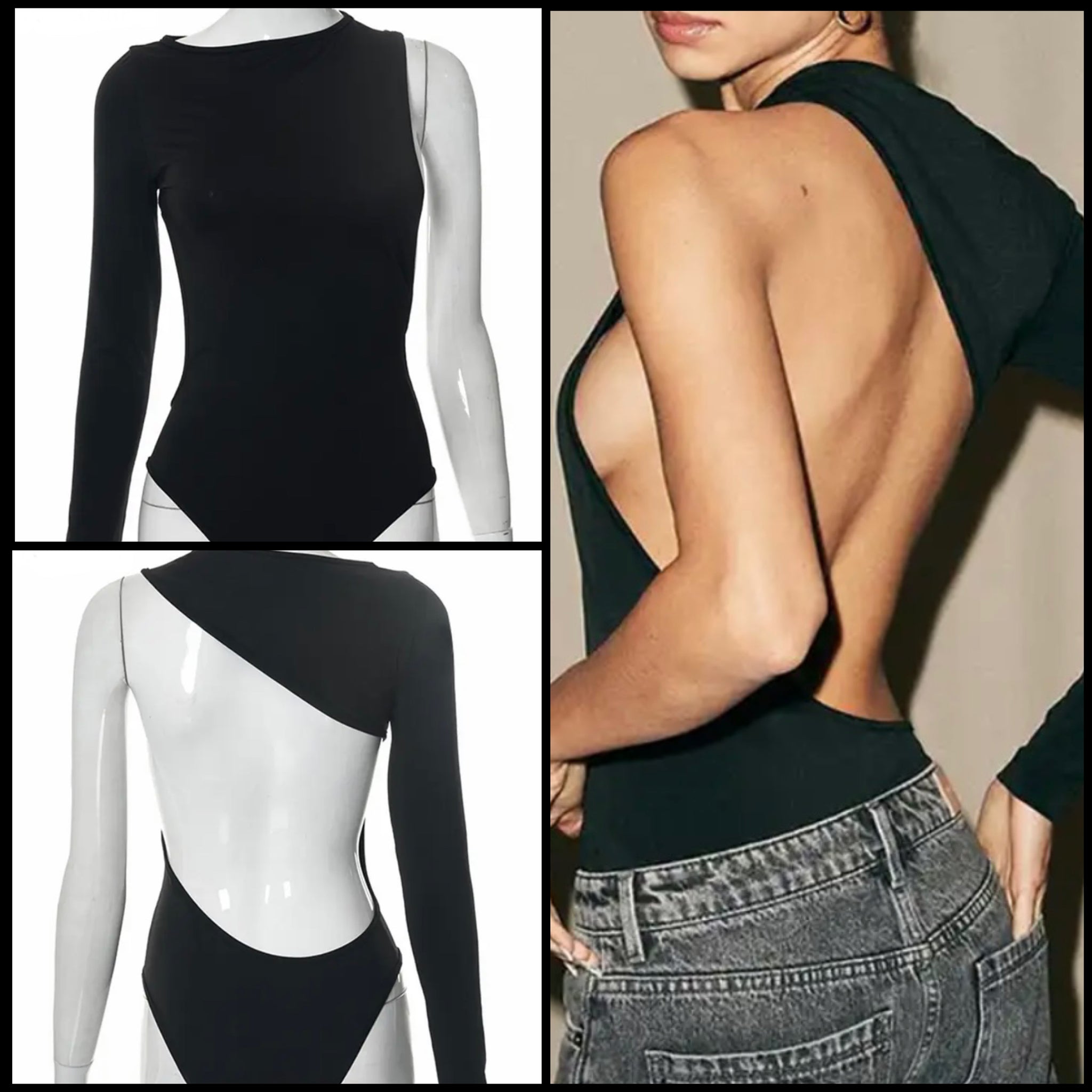 Women Sexy Black One Shoulder Open Back Bodysuit Top