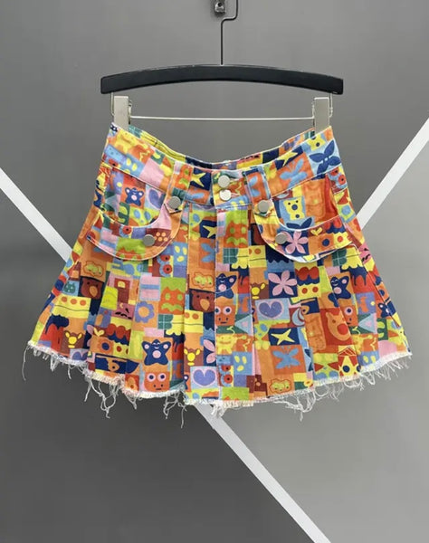 Women Fashion Cartoon Print Denim Skirt
