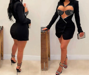 Women Full Sleeve Heart Cut Out Bling Blazer Sexy Dress