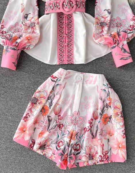 Women Button Up Full Sleeve Floral Two Piece Short Set