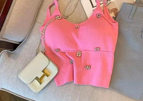 Women Fashion Sleeveless Bling Letter Crop Top