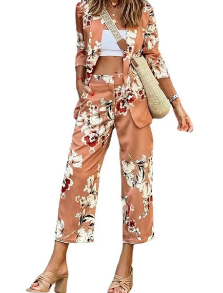 Women Fashion Floral Blazer Two Piece Pant Set
