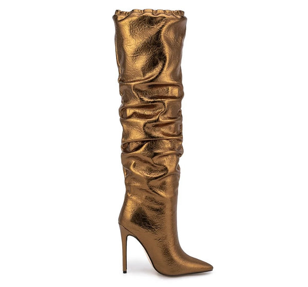 Women Ruched PU High Heel Knee High Boots