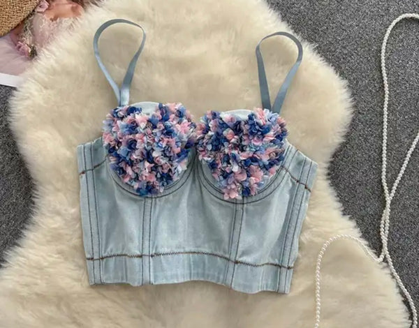 Women Sleeveless Floral Fashion Sexy Denim Crop Top