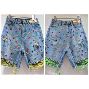 Women Color Ripped Rhinestone Gem Denim Shorts