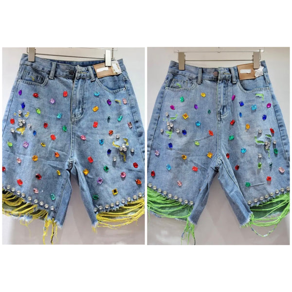 Women Color Ripped Rhinestone Gem Denim Shorts
